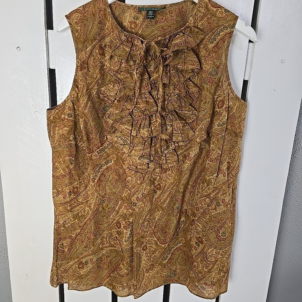 LRL Ralph Lauren Ruffled Paisley Blouse Top 16W Brown Equestrian Workwear